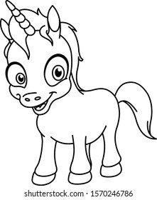 Outlined smiling unicorn. Vector line art illustration coloring page.