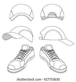 Outlined sneakers & baseball cap set, vector illustration isolated on white background