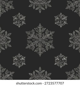 Copos de nieve delineados en tela de Vector de inspiración invernal geométrica escarchada elegante y sin costuras oscura 