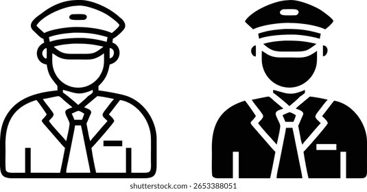 Contornos e ícones sólidos do piloto da companhia aérea em uniforme com ilustração do vetor da tampa