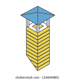 Outlined solid brick chimney with blue raincoat in isometric perspective. Yellow chimney flue isolated on white background. Vector master illustration