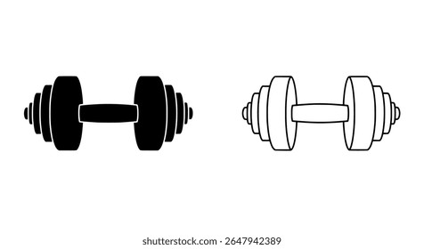 Ícones com contorno e sólida Dumbbell - Silhuetas de levantamento de peso para marca de fitness e logotipos de ginástica