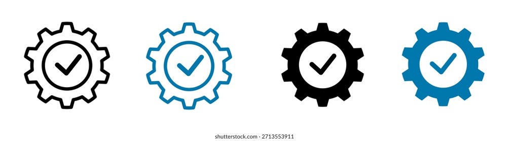 Outlined and solid gear checklist icons representing system setup, approval process, and technical control. Modern vector style ideal for UI, web, and software projects.