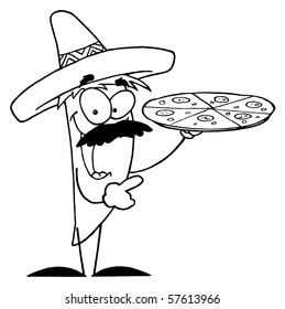 Outlined Sombrero Chile Pepper Holds Up Pizza