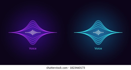 Outlined soundwave shape for virtual voice assistant. Abstract acoustic wave and equalizer, neon voice vibration, audio waveform silhouette. Vector element for voice control in mobile interface