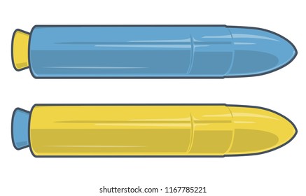 Outlined Space Rocket, Flying Carrier Rocket. Part Of Space Shuttle. Blue Yellow Vector Master Illustration. Isolated Flighting Spacecraft Spaceshuttle, White Fuel Tank, White Background