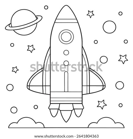 Outlined space shuttle taking off into sky with stars and planets in a cosmic illustration
