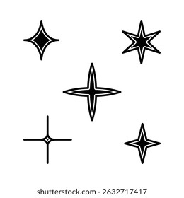 Outlined Sparkle Star Vector Set, Black Filled Stars with White Stroke for Modern Design.