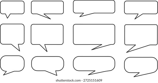 Outlined speech bubble icons set isolated on white background. Hand-drawn style chat, dialogue, and message frames with empty space for text. Communication symbols for comics, UI, web, and graphic design.