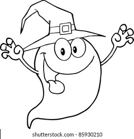 Outlined Spooky Ghost Wearing A Witch Hat