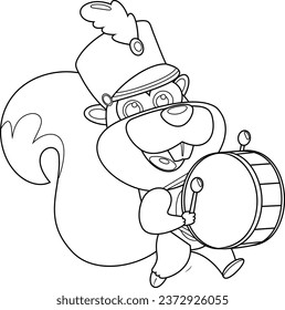 Outlined Squirrel Drummer Cartoon Character With Drum And Drumsticks Walking On Parade. Vector Hand Drawn Illustration Isolated On Transparent Background