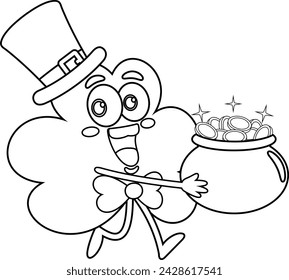Outlined St. Patrick's Clover Leaf Cartoon Character Running With A Pot Full Of Gold Coins. Vector Hand Drawn Illustration Isolated On Transparent Background