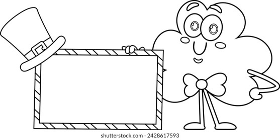 Outlined St. Patrick's Clover Leaf Cartoon Character Holding A Blank Sign. Vector Hand Drawn Illustration Isolated On Transparent Background