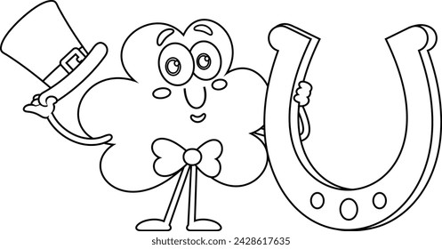 Outlined St. Patrick's Clover Leaf Cartoon Character Holding Horseshoe. Vector Hand Drawn Illustration Isolated On Transparent Background