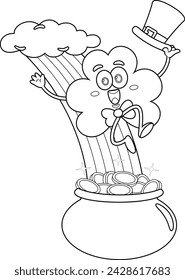 Outlined St. Patrick's Clover Leaf Cartoon Character Riding A Rainbow To The Top Of A Pot Of Gold. Vector Hand Drawn Illustration Isolated On Transparent Background