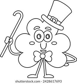 Outlined St. Patrick's Clover Leaf Cartoon Character. Vector Hand Drawn Illustration Isolated On Transparent Background