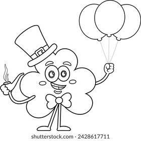 Outlined St. Patrick's Clover Leaf Cartoon Character Holding Pipe And Balloons Helium. Vector Hand Drawn Illustration Isolated On Transparent Background