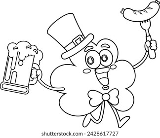 Outlined St. Patrick's Clover Leaf Cartoon Character Running With Mug Of Beer And Fork With Sausage. Vector Hand Drawn Illustration Isolated On Transparent Background