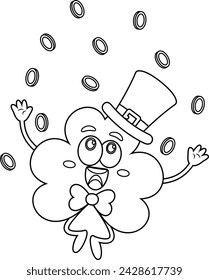Outlined St. Patrick's Clover Leaf Cartoon Character Jumping Under A Rain Of Golden Coins. Vector Hand Drawn Illustration Isolated On Transparent Background