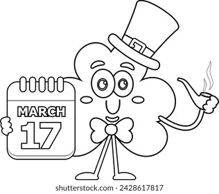 Outlined St. Patrick's Clover Leaf Cartoon Character Holding Calendar And Pipe. Vector Hand Drawn Illustration Isolated On Transparent Background