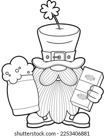 Outlined St. Patrick's Day Gnome Cartoon Character Holding A Glass Of Beer And A Wad Of Dollars. Vector Hand Drawn Illustration Isolated On Transparent Background