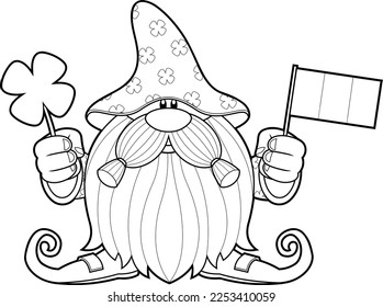 Outlined St. Patrick's Day Gnome Cartoon Character Holding Clover And Flag Of Ireland. Vector Hand Drawn Illustration Isolated On Transparent Background
