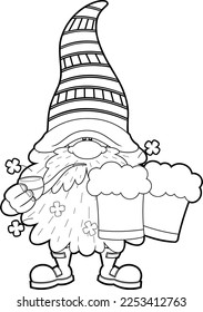 Outlined St. Patrick's Day Gnome Cartoon Character Holds Pipe And And Mug Of Beer. Vector Hand Drawn Illustration Isolated On Transparent Background