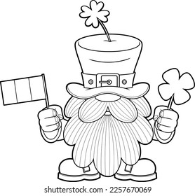 Outlined St. Patrick's Day Gnome Cartoon Character Holding A Flag Of Ireland And Clover. Vector Hand Drawn Illustration Isolated On Transparent Background