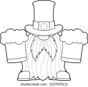 Outlined St. Patrick's Day Gnome Cartoon Character Holds Mugs With Beers. Vector Hand Drawn Illustration Isolated On Transparent Background