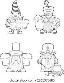 Outlined St. Patrick's Day Gnomes Cartoon Characters In Different Poses. Vector Hand Drawn Collection Set Isolated On Transparent Background