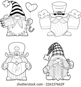 Outlined St. Patrick's Day Gnomes Cartoon Characters In Different Poses. Vector Hand Drawn Collection Set Isolated On Transparent Background