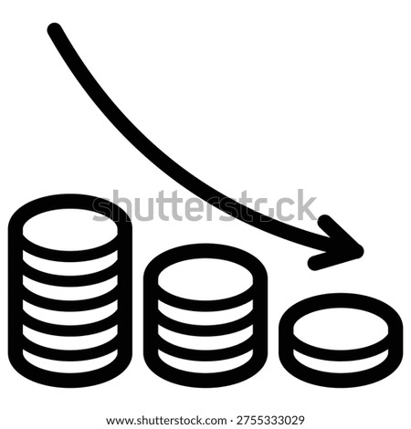 Outlined Stacked Coins and Downward Arrow Icon (Cost Reduction, Decrease, Loss)