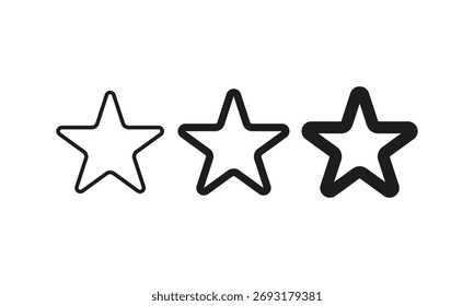 Iconos de estrellas delineados: trío de peso de línea delgada a gruesa. Iconos y símbolo del vector de la estrella. Iconos de estrella delineados sobre fondo blanco