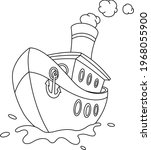 Outlined steam ship with an anchor on the front. Vector line art illustration coloring page.