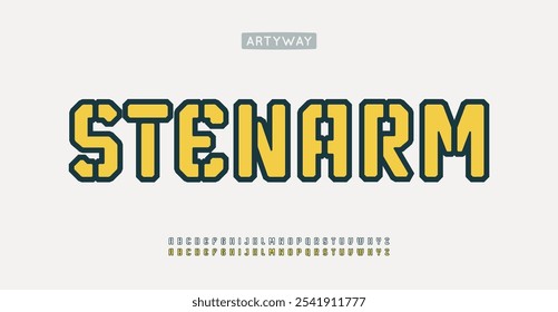 Outlined stencil alphabet, blocky letters, robust sporty font for varsity team branding, tactical wear typography, esports game logo, urban athletic headline. Vector typeset