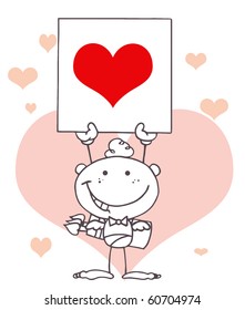 Outlined Stick Cupid Holding A Red Heart Sign In Front Of Pink Hearts