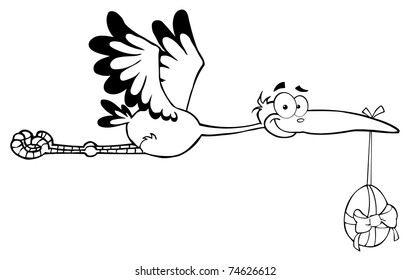 Outlined Stork Flying With Easter Egg