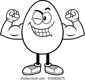Outlined Strong Egg Cartoon Character Winking And Showing Muscle Arms. Vector Illustration Isolated On White Background
