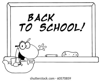 Outlined Student Bookworm By A Back To School Classroom Chalkboard