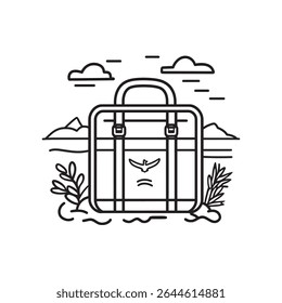 An outlined suitcase displaying an abstract bird symbol is centered, with foliage, clouds and mountains behind it. The background is transparent, making it ideal for versatile applications.