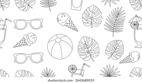 Outlined summer icons: sunglasses, ice cream cones, tropical leaves, a beach ball, and refreshing drinks with straws and umbrellas.