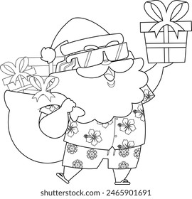 Outlined Summer Santa Claus Cartoon Character With Bag Holding Up A Gift Box. Vector Hand Drawn Illustration Isolated On Transparent Background