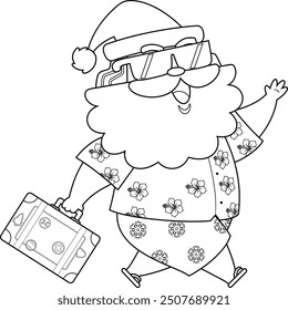 Outlined Summer Santa Claus Cartoon Character Runs With Suitcase To Vacation. Vector Hand Drawn Illustration Isolated On Transparent Background