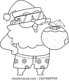 Outlined Summer Santa Claus Cartoon Character Drinking Coconut Cocktail On The Beach. Vector Hand Drawn Illustration Isolated On Transparent Background