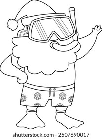 Outlined Summer Santa Claus Cartoon Character With A Snorkel And Mask Waving From The Beach. Vector Hand Drawn Illustration Isolated On Transparent Background