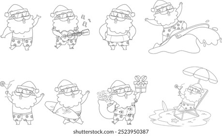 Personaje de dibujos animados de Santa Claus de verano. Conjunto de Colección dibujado a mano de Vector aislado sobre fondo transparente