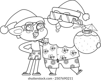 Outlined Summer Santa Claus And Elf Cartoon Characters On The Beach. Vector Hand Drawn Illustration Isolated On Transparent Background