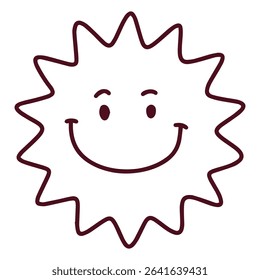 Outlined sun with zigzag edges, smiling face and friendly look, black and white minimalist design