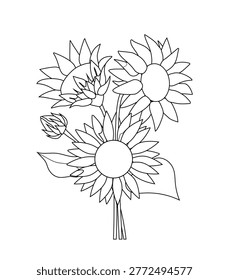 Outlined sunflower bouquet shown in clean line art on a white background, conveying a concept of natural beauty and harmony. Hand-drawn vector illustration