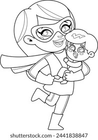 Outlined Super Hero Mom Carrying Her Son Cartoon Characters. Vector Hand Drawn Illustration Isolated On Transparent Background